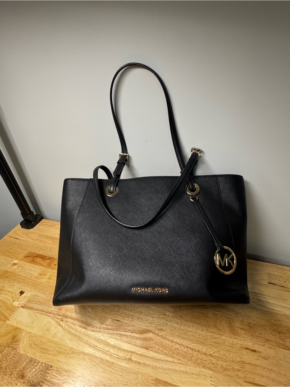 Michael Kors Black Leather Saffiano Tote with Gold Hardware